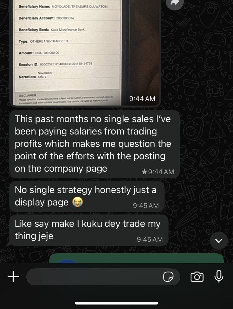 Client message about no sales